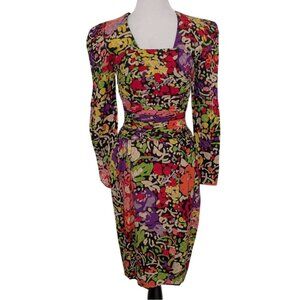 Vintage CH Carolina Herrera Silk Floral Dress Womens Size 4 Black Ruched